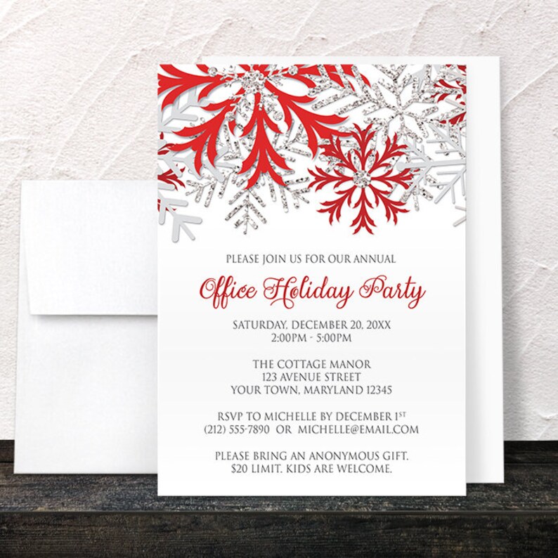 Holiday Party Invitations, Red Silver Snowflake design on white Christmas invitations Printed image 3