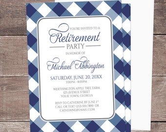 Navy Blue Gingham Retirement Invitations, blue and white gingham pattern, check pattern - Printed