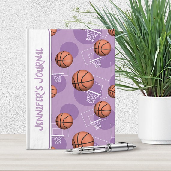 Purple Basketball Personalized Journal - 5x7 lined paper - Sports Themed Basketball Pattern over Purple - Printed Hardcover Journal Il_570xn