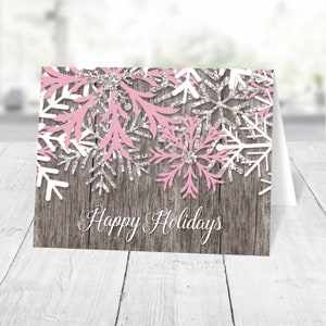 Rustic Wood Holiday Cards: Pink and Silver Glitter-Illustrated Snowflakes