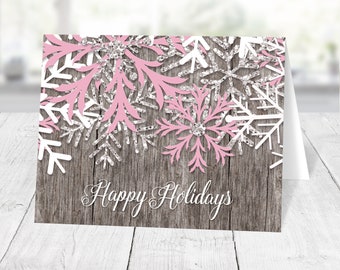 Holiday Cards, Rustic Winter Wood Pink Snowflake, country Happy Holidays Christmas cards with greeting - Printed