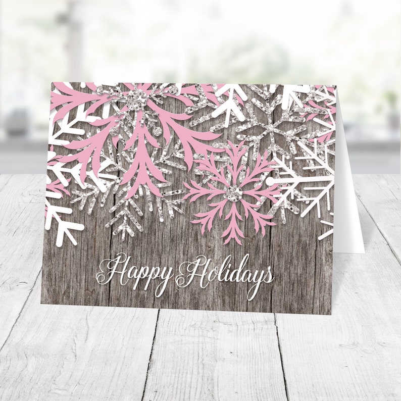 Holiday Cards, Rustic Winter Wood Pink Snowflake, country Happy Holidays Christmas cards with greeting Printed image 1