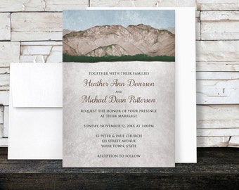 Rustic Mountain Wedding Invitations and RSVP - Mountain Landscape Brown Green Blue - Printed Invitations