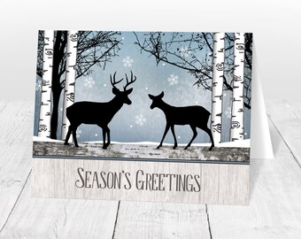 Rustic Deer Christmas Cards - Season's Greetings Holiday - Winter Rustic Blue and Snowflakes Woodsy Birch Trees Country Wood - Printed Cards