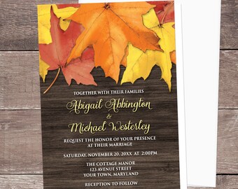 Rustic Fall Wedding Invitations: Leaves and Wood Printed Invites
