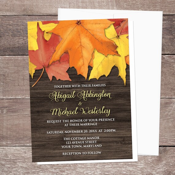 Rustic Autumn Wedding Invitations Leaves And Wood Fall Etsy