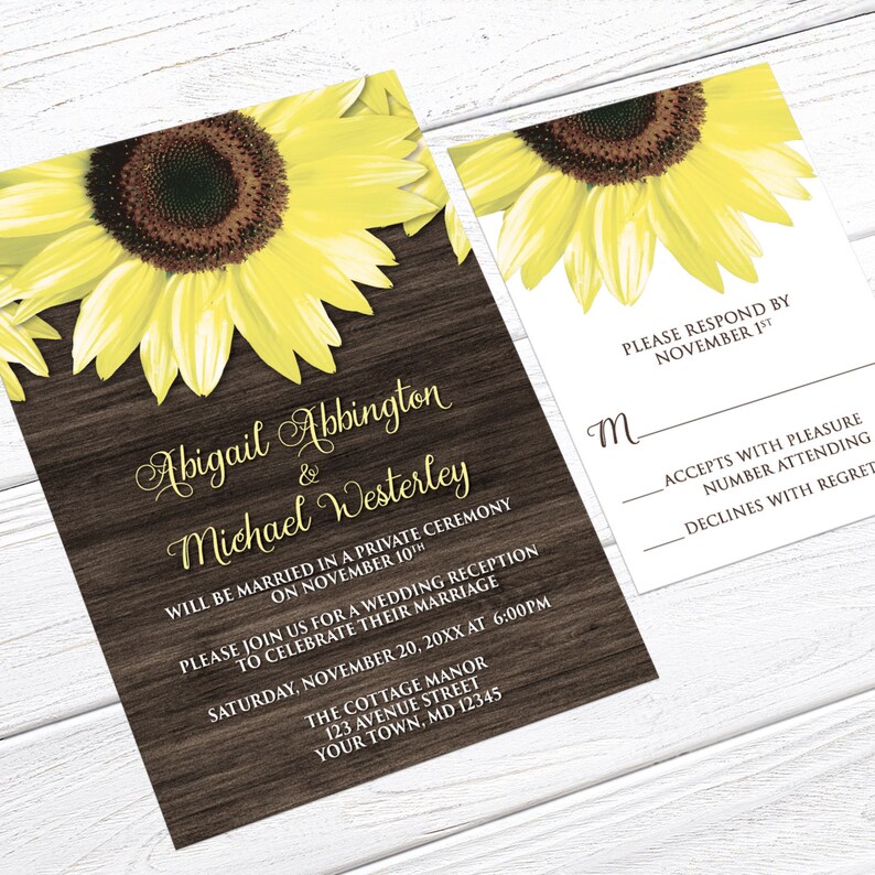 Sunflower Wood Reception Only Invitations Rustic Yellow Floral on Brown Wood Post-Wedding Reception Printed Sunflower Invitations image 4