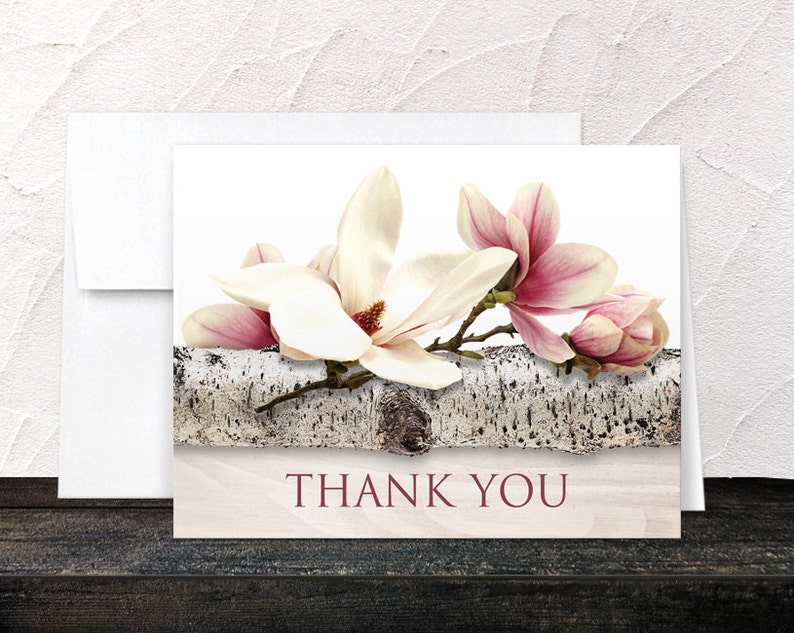 Magnolia Birch Thank You Cards, Light Wood Floral white pink Printed image 2