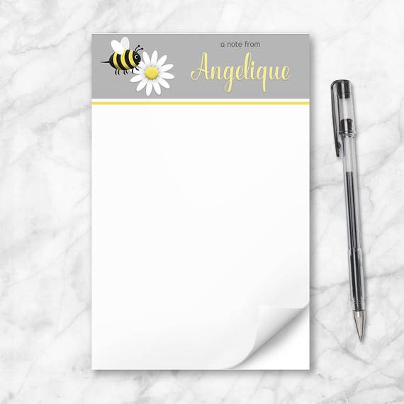 Personalized Bee Notepad, cute happy bee daisy yellow gray, 50 or 100 sheets - Printed 5.5 x 8.5 Notepad Il_570xn