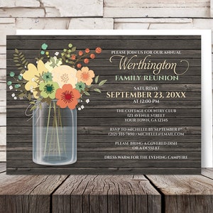 Rustic Floral Mason Jar Family Reunion Invitations