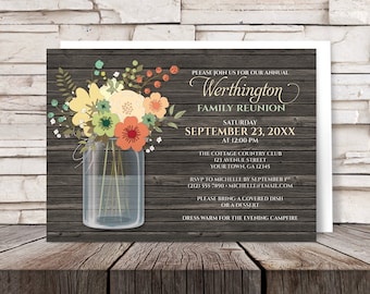 Mason Jar Family Reunion Invitations - Rustic Orange Green Floral and Brown Wood design - Printed Invitations