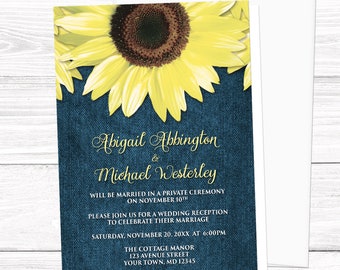 Sunflower Reception Only Invitations, Rustic Denim - yellow and blue floral post-wedding reception invites - Printed