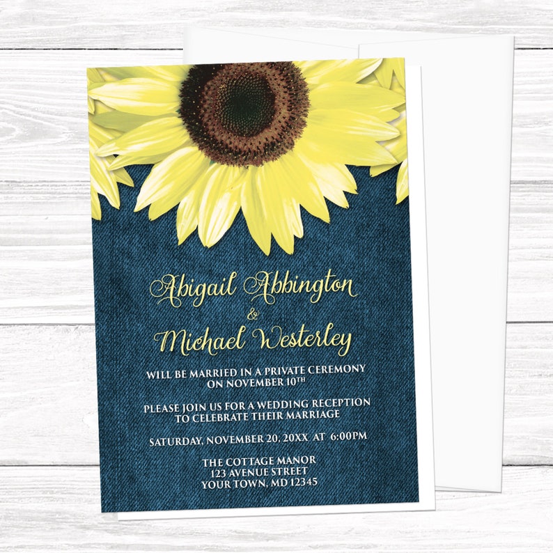 Sunflower Reception Only Invitations, Rustic Denim yellow and blue floral post-wedding reception invites Printed image 1