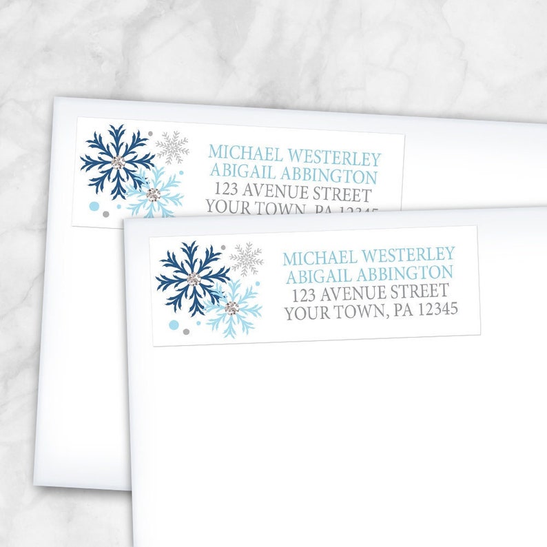 Winter Address Labels, Blue Silver Snowflake design on white Printed image 1