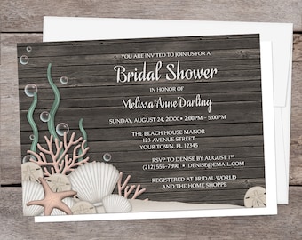 Rustic Beach Bridal Shower Invitations, Seashells Sand - wood background design - rustic under the sea beach shower invites - Printed