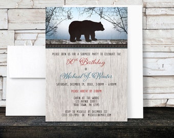 Bear Birthday Invitations - Rustic Wood Red with Blue - Woodsy Adult Mens Birthday - Outdoorsy Any Milestone - Printed Invitations