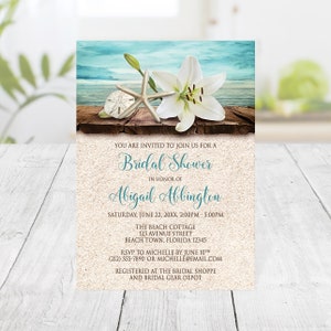 Beach Bridal Shower Invitations, Lily Seashells Sand Teal, destination summer tropical invites Printed with Envelopes image 3