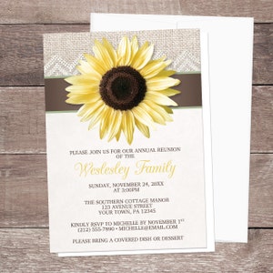 Sunflower Family Reunion Invitations, Burlap Lace Brown Sage Green, rustic invites - Printed