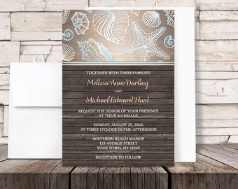 Beach Wedding Invitations - Rustic Wood Beach Seashell - Rustic Beach Invitations and RSVP - Printed