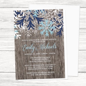 Rustic Winter Bridal Shower Invitations Country Rustic Winter Wood Navy Aqua Snowflake, Rustic Shower Printed Snowflake Invitations image 1