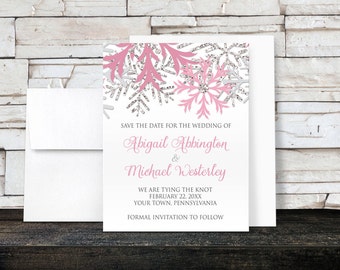 Snowflake Pink Winter Save the Date Cards - Pink Silver Glitter-Illustrated - Printed Flat Cards