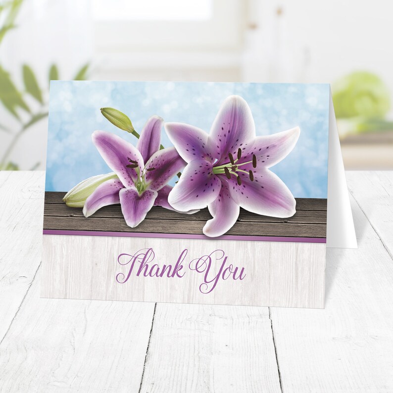 Purple Lily Thank You Cards, Pretty Floral Rustic Wood design with Blue Printed image 1