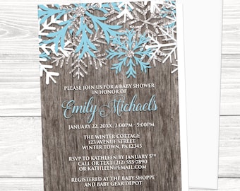 Winter Baby Shower Invitations Boy - Country Rustic Winter Wood - Blue and White Snowflake design - Printed Invitations