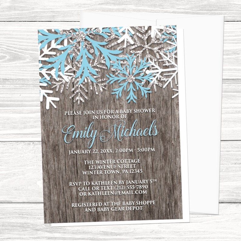 Winter Baby Shower Invitations Boy Country Rustic Winter Wood Blue and White Snowflake design Printed Invitations image 1