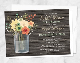 Mason Jar Bridal Shower Invitations - Rustic Orange Green Floral and Brown Wood design - Printed Invitations