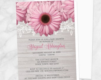 Pink Daisy Baby Shower Invitations - Rustic Light Gray Wood - Spring Shower, Summer Shower, Daisy Shower - Printed Daisy Invitations