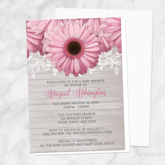 Daisy Baby Shower Part - 17: Pink Daisy Baby Shower Invitations Rustic Light Gray Wood | Etsy