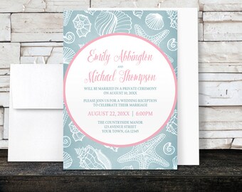 Beach Reception Only Invitations - Blue Seashell Pink Beach Post Wedding Reception - Printed Invitations