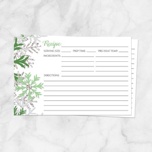 Winter Recipe Cards, Green Silver Snowflake design, double-sided 4x6 Printed Recipe Cards image 1