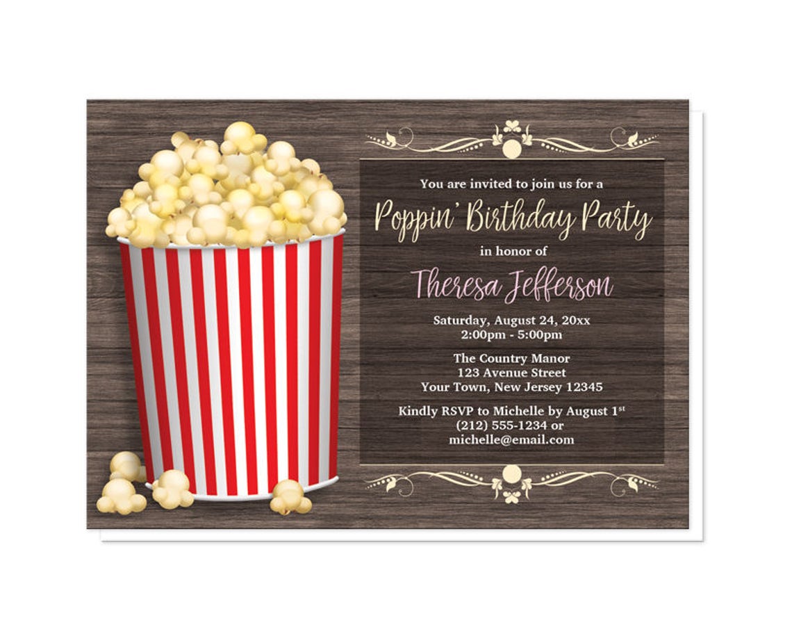 Popcorn Birthday Party Invitations Rustic Wood With Red - Etsy