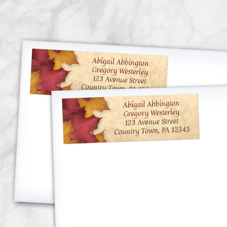 Burgundy Gold Autumn Address Labels, rustic fall leaves Printed Return Address Labels image 1