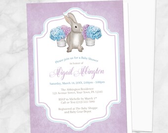 Rabbit Baby Shower Invitations, Purple Blue Hydrangea, watercolor inspired, purple rabbit shower invites - Printed Invitations