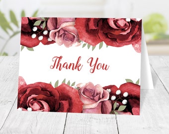 Rustic Rose Thank You Cards, red pink roses with green on white, folded - Printed