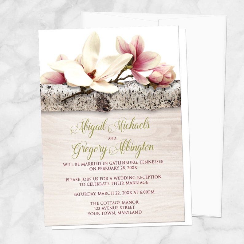 Magnolia Reception Only Invitations, Floral Birch Wood magnolia invitations Printed image 1