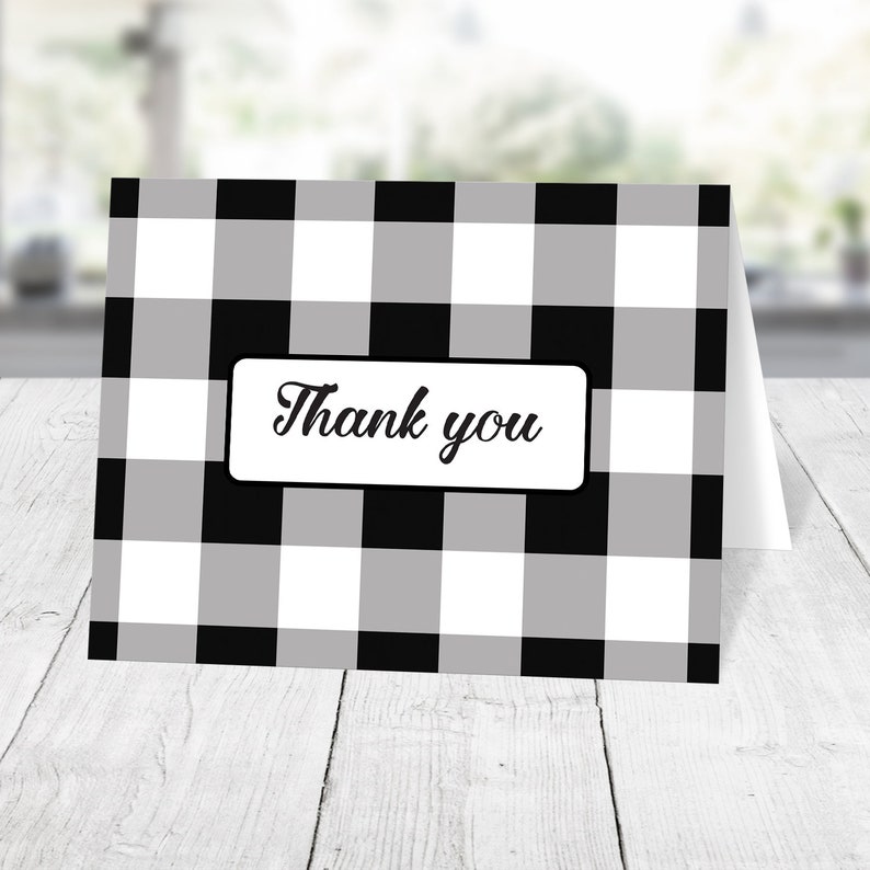 Buffalo Plaid Thank You Cards, black and white classic check pattern Printed Cards image 1