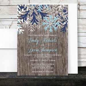 Rustic Winter Wedding Invitations - Rustic Country Winter Wood Navy Aqua Blue Snowflake - Snowflake Wedding Invitations - Printed