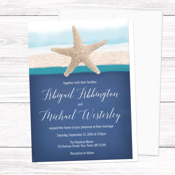 Starfish Beach Wedding Invitations Navy Blue Teal Sand Nautical Wedding Destination Wedding Starfish Wedding Printed Invitations