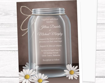 Mason Jar Wedding Invitations, Rustic Daisy - brown with floral design - Printed