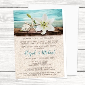 Beach Honeymoon Shower Invitations - Lily Seashells Sand Beach - Rustic Floral Tropical - Wood Dock Water Destination - Printed Invitations