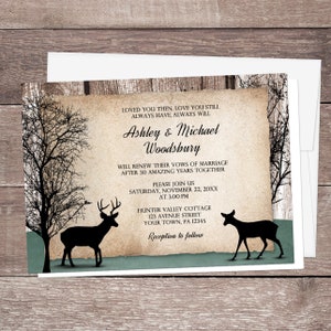 Rustic Woodsy Deer Vow Renewal Invitations, outdoorsy trees with deer, brown green - Printed