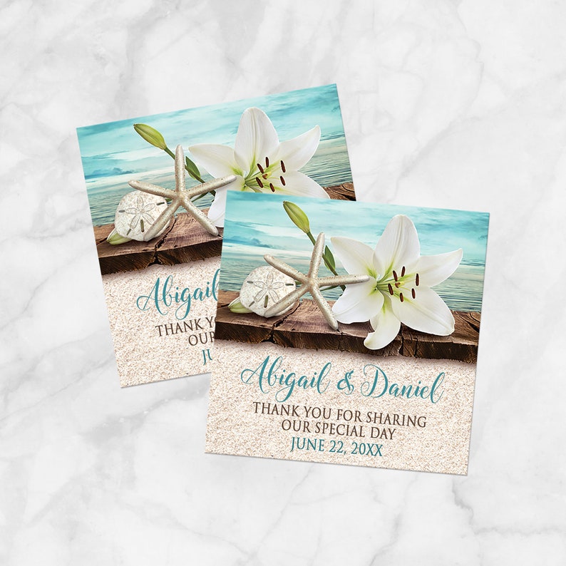 Beach Thank You Stickers, Lily Seashells Sand, tropical favor stickers, party shower wedding Printed image 1