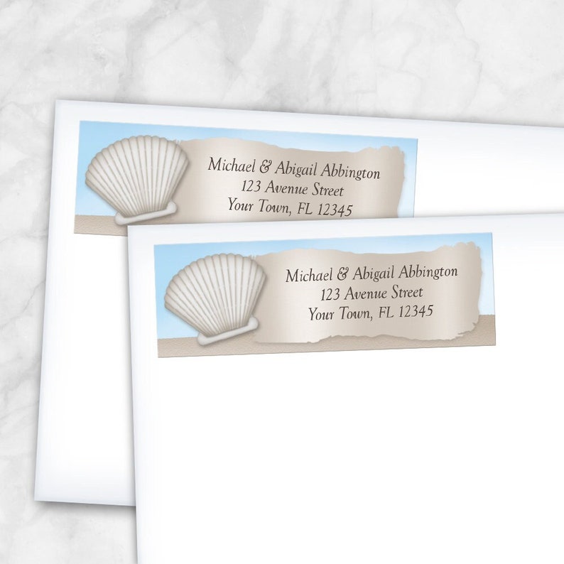 Beach Address Labels, Seashell with Beige Sand and Blue Sky, on the beach Printed Return Address Labels image 1