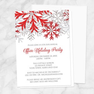 Holiday Party Invitations, Red Silver Snowflake design on white Christmas invitations Printed image 1