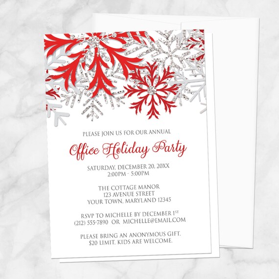 holiday party invitations red silver snowflake design on white white christmas invitations