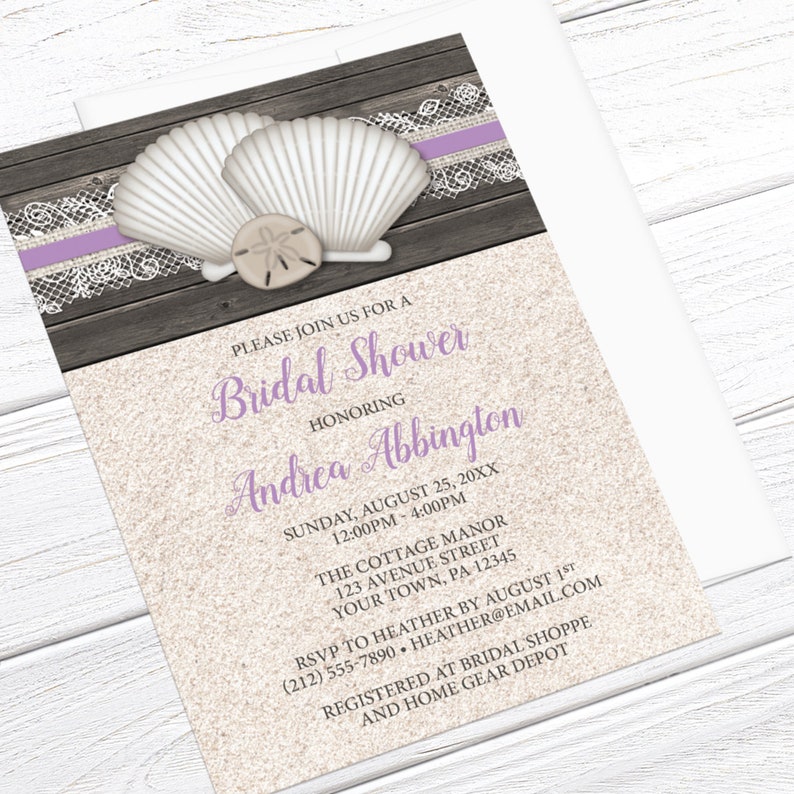 Purple Beach Bridal Shower Invitations Seashells Purple Lace, Rustic Wood, Sand Seashell Shower Printed Seashell Invitations image 2