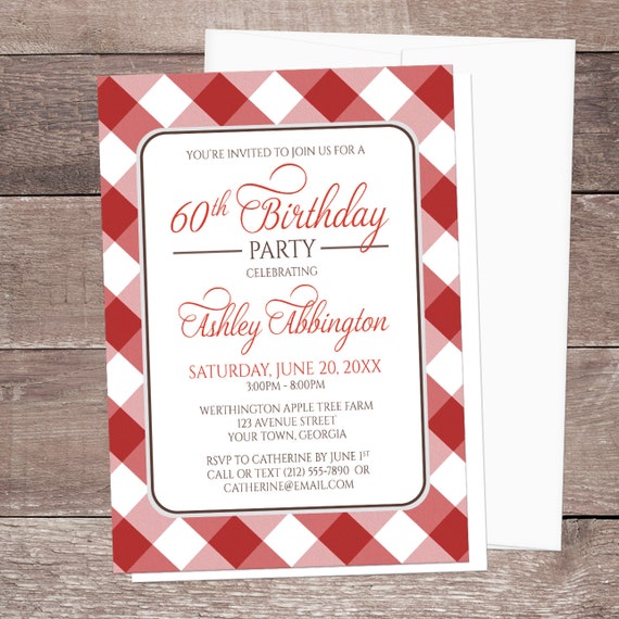 Red Gingham Birthday Party Invitations, red and white gingham pattern